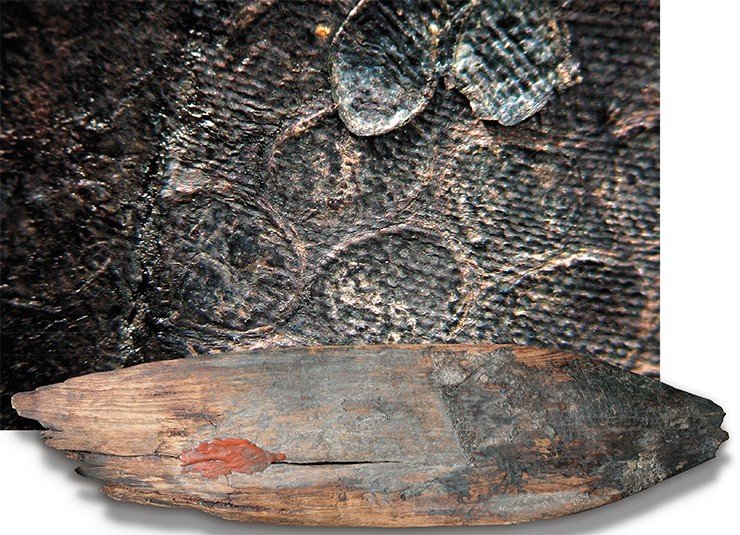 Деревянное изображение рыбы. При увеличении видно многослойное покрытие поверхности изделия, следы от чешуек и переплетение ткани. 20-й ноин-улинский курган