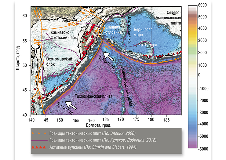 На карте отмечены основные тектонические элементы в Курило-Камчатском и Алеутском регионах, в первую очередь глубоководные желоба – места, где Тихоокеанская плита, двигаясь со скоростью 7,5—8,2 см в год, начинает свое погружение под Камчатку, Курильские и Алеутские острова