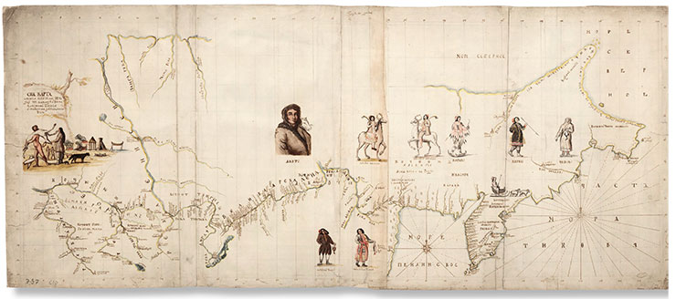 “This map was composed in the Siberian expedition by the crew under Captain Bering, from Tobolsk unto the Tsokotsky [Chukotsky] corner.” A version of this map was sent by Vitus Bering to the Admiralty Board in St. Petersburg in attachment to his report in early 1730. World Digital Library Collection. Public Domain