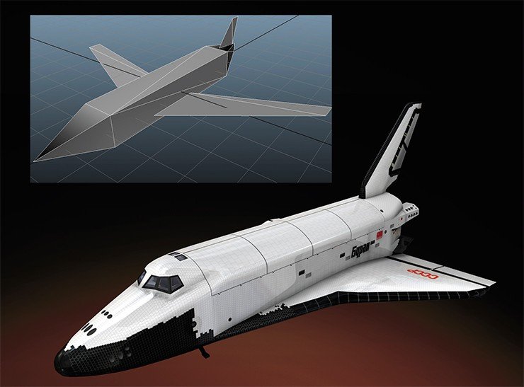 Слева – пример изображения, которое формировалось системой виртуальной реальности на ранней стадии своего развития в 1969 г. Внизу – виртуальная модель орбитального корабля «Буран», созданная в 1987 г.