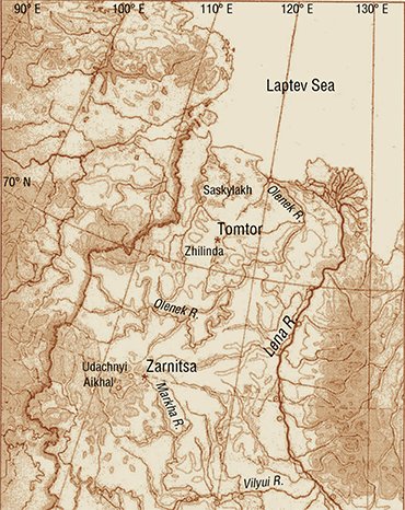 Diamondiferous regions of Yakutia. Asterisks indicate the Zarnitsa pipe and Tomtor Massif (Erlich, 2006)