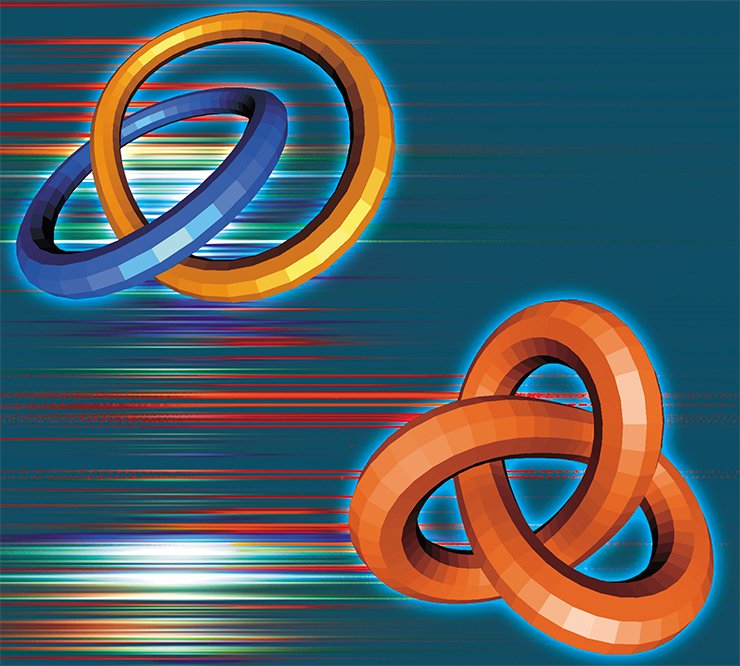 On the left is the Hopf link consisting of two linked circles, on the bottom — the trefoil knot