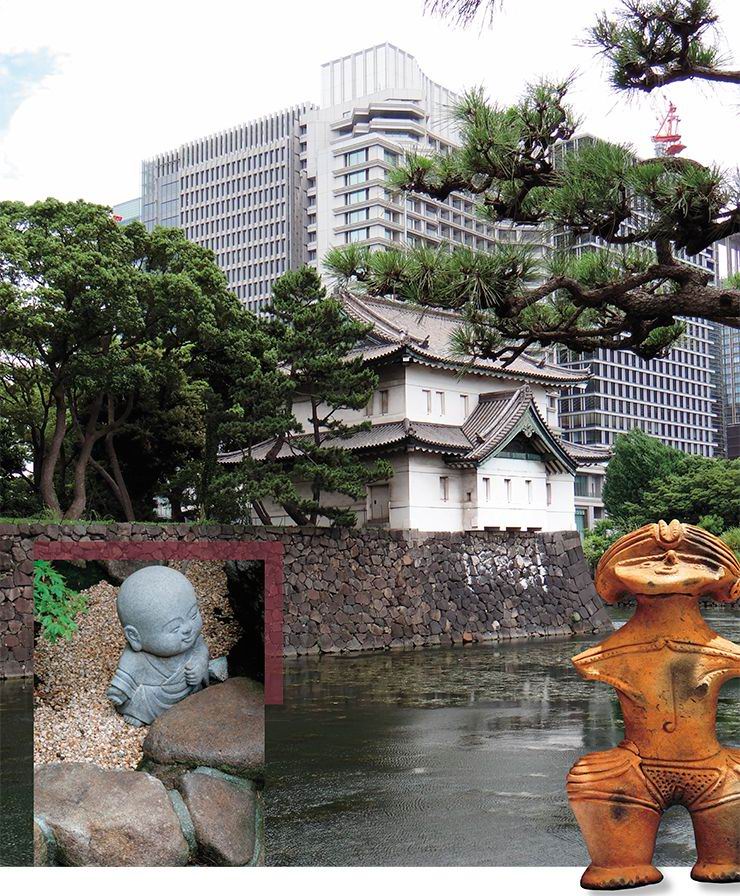 Ров и старая стена императорского замка. Токио. Фигурка монаха в буддийском храме