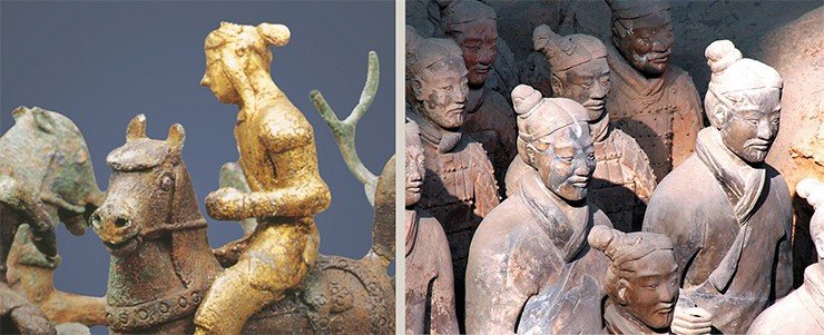 Фигура воина на бронзовом сосуде, предназначенном для хранения раковин-каури (I в. до н. э. — I в. н. э.). Культура Шичжайшань, провинция Юньнань, западная часть Сычуань, северная часть Вьетнама (слева) и фигуры воинов глиняной армии императора Цинь-ши-хуана-ди (справа)