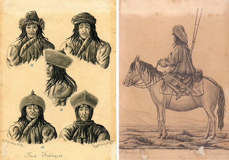 Типы тибетцев (слева). Тибетский солдат верхом на лошади. 1879 г. Бумага, карандаш. ОГБУК «Смоленский государственный музей-заповедник»