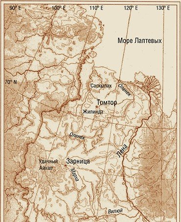 Карта алмазоносных районов Якутии. Звездочками отмечены трубка Зарница и массив Томтор. По: (Эрлих, 2006)