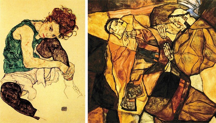 Картины гениального австрийского художника-модерниста Эгона Шиле, умершего в 28 лет от испанки вслед за своей беременной женой, словно несут на себе отпечаток будущего трагического конца мастера