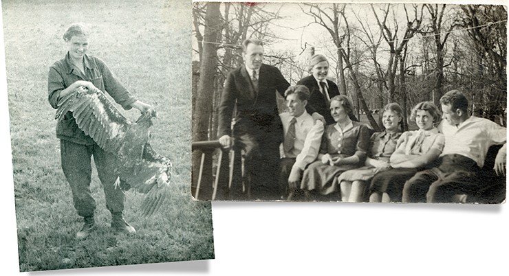 Варя со степным орлом на практике в Казахстане (фото слева). Справа: весна 1941 г. На балконе в Петровском Парке. (Варя – третья слева, первый слева – ее дядя, археолог Глеб Бонч-Осмоловский)