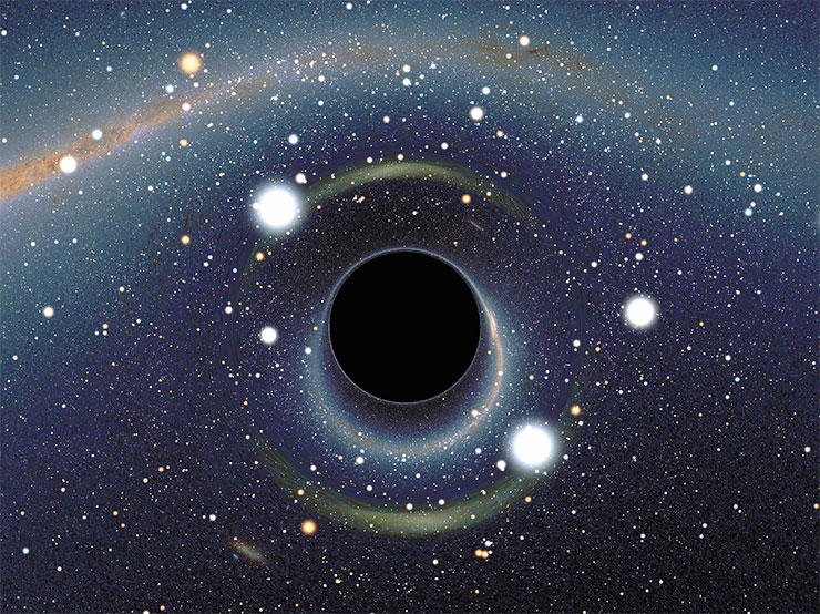Simulated black hole in front of the Large Magellanic Cloud. The gravitational lensing effect is shown, known as the Einstein ring, which creates a set of two bright and large yet highly distorted images. © CC BY-SA 2.5