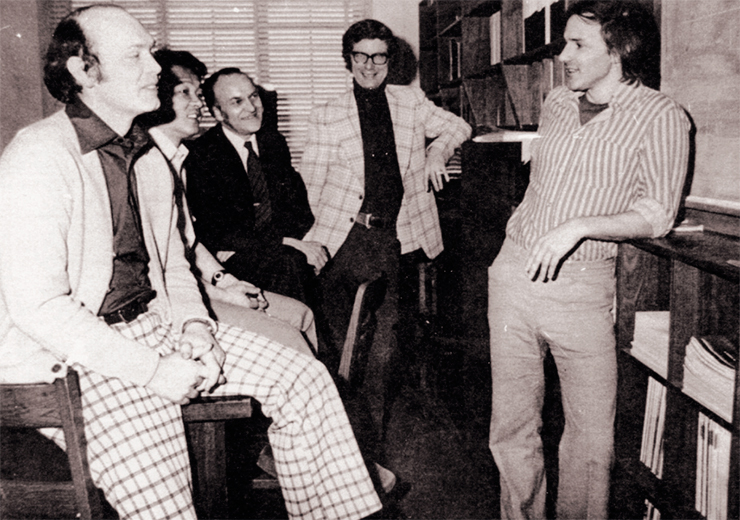 Future Nobel Prize winner Harry Kroto (on the far right) together with the members of the Canadian National Research Council laboratory after the discovery of organic compounds in space, which served as an impetus for the discovery of fullerenes. Photo from http://www.kroto.info/
