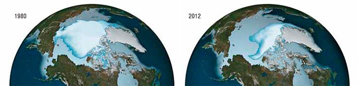 Изменение акватории Северного Ледовитого океана, покрытой арктическим льдом в 1980 и 2012 гг. Credit: NASA/Goddard Scientific Visualization Studio