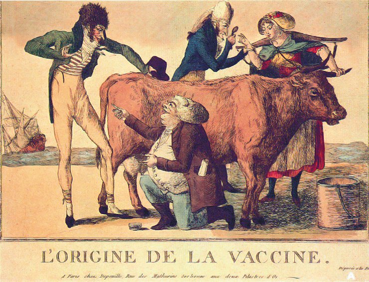 This French print (1800) shows the new vaccination procedure with the help of “cow pox” (above). The English print by James Gillray (1802) reflects the skepticism initially induced by vaccination in certain population cohorts (below). F. Fenner et al., 1988. P. 269. With permission from World Health Organization