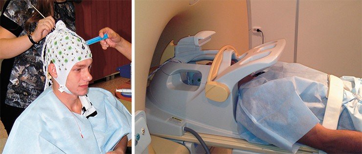 Один из элементов системы биоуправления – «мозговая шапка», система закрепленных наружных электродов для снятия ЭЭГ (слева). Для динамического картирования зон активности головного мозга испытуемого помещают в кольцевой магнит томографа