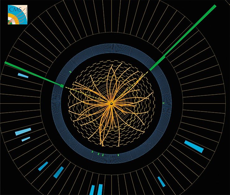 Траектории частиц, родившихся в результате столкновения двух протонов с суммарной энергией 8 ТэВ, зарегистрированные детектором CMS. Характеристики этого события позволяют предполагать, что в нем наблюдается распад бозона Хиггса на два фотона (прерывистые желтые линии, переходящие в зеленые столбики). © 2012 CERN