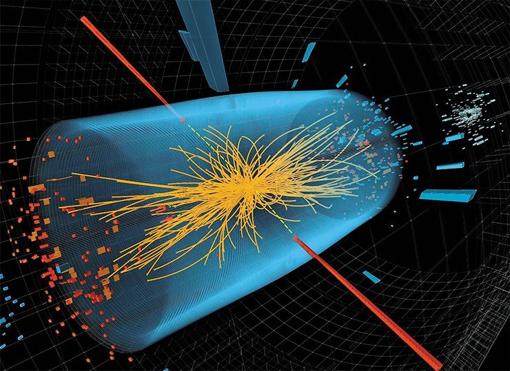 Зарегистрированный детектором CMS распад бозона Хиггса на два фотона с высокими энергиями (красные линии). Желтые линии – треки других частиц, возникших в результате столкновения. Голубой цилиндр изображает кристаллический калориметр детектора CMS. © 2012 CERN