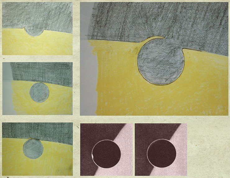 Разные моменты транзита Венеры 2012 г., зарисованные В. Шильцевым во время наблюдений. Вверху – полуарка света («ус») вокруг Венеры. Справа внизу: один из современных снимков «явления Ломоносова» – образования светлого ободка вокруг Венеры при ее прохождении по диску Солнца в 2004 г.