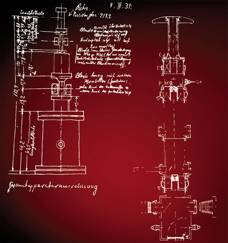 Left: Author’s sketch (March 9, 1931) of the cathode ray tube for testing one-stage and two-stage electron-optical imaging by means of two magnetic electron lenses (electron microscope). Right: Author’s sketch of the first two-stage electron microscope (the microscope column cross-section was redrawn in 1976)