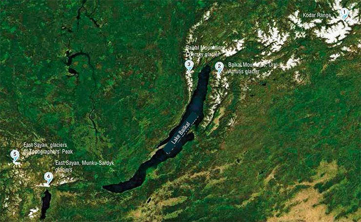 MODIS space image. Geographers from the Sochava Institute, Irkutsk, conduct instrumental and field survey of present ice bodies in mountain systems surrounding Baikal