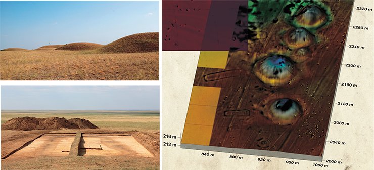 Tört Oba burial grounds in the Aktobe oblast (western Kazakhstan) are formed by five mounds encircled by ditches and located very close to each other. View from the north-west (above). Sub-rectangular construction south of the eastern kurgan of the Tört Oba burial grounds reveals its ritual character (below). Photo by R. Boroffka. 3D-model of the Tört Oba burial grounds displays small mounds, ritual pits, as well as stretched sub-rectangular constructions of unknown purpose (on right). The model was made by J. Fassbinder, who superposed the magnetogram onto the topographical map