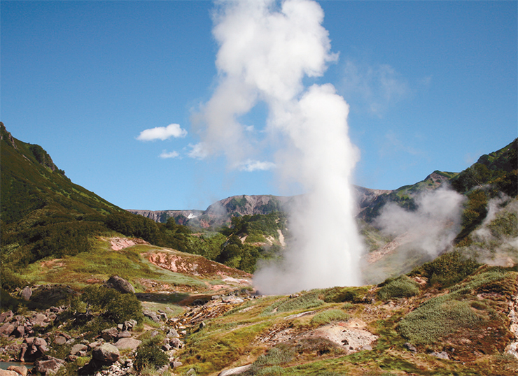 The biggest geyser in the Valley, Velikan, gushes 3–5 times a day and lets out a powerful stream of boiling water almost vertically up for up to forty meters high