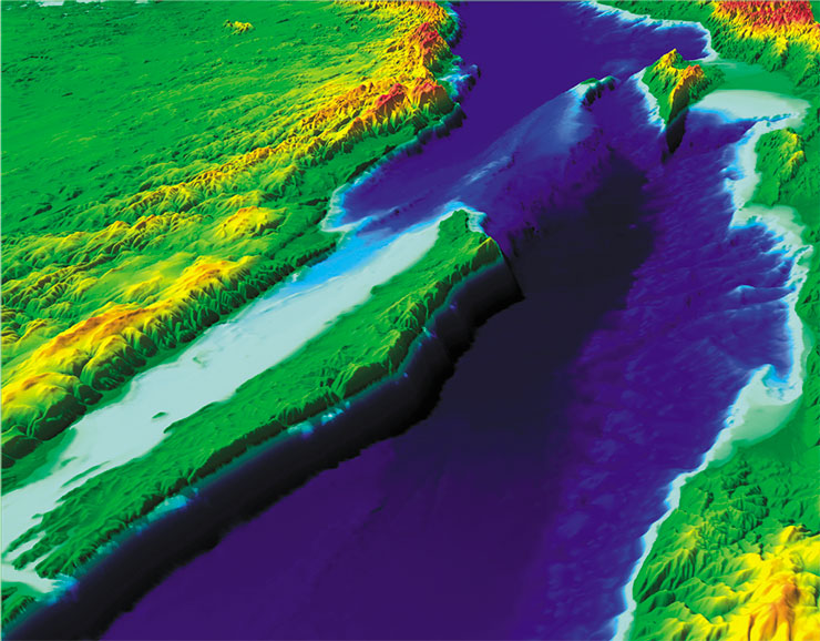 Детальные пространственные (3D) изображения рельефа острова Ольхон и границы между северной и средней котловиной озера (подводный Академический хребет). Вид с юго-запада