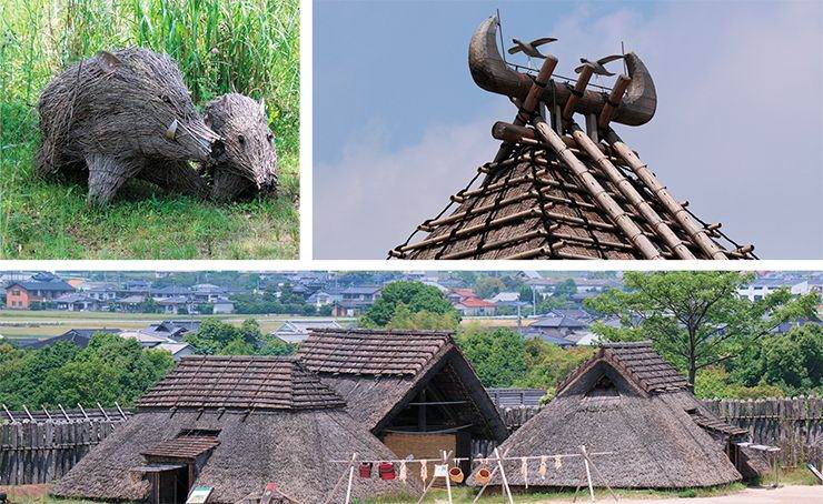 Yoshinogari historical park, set up at the archaeological site of a settlement dating to the Yayoi period (3rd c. BC – 3rd c. AD), extends over 40 hectares of cultivated land and ancient forest. Figures of animals (bottom) made of rods is yet another element of traditional culture