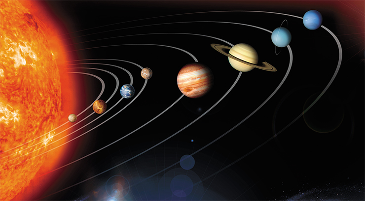 The Solar System model shows the four inner terrestrial planets–Mercury, Venus, the Earth, and Mars–and the four outer planets–Jupiter, Saturn, Uranus, and Neptune. In contrast to these gas giants of hydrogen and helium, the terrestrial planets are made of oxygen, silicon, iron, and other heavy elements. Credit: NASA/JPL