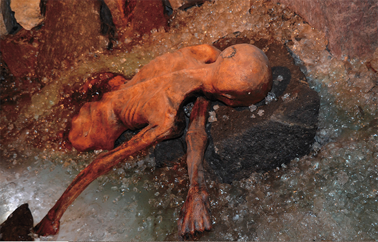 Reconstruction of the Iceman mummy in the Ötzi-Dorf open-air archaeological park near Umhausen in the Ötz River valley, at 1036 m above sea level (Tyrol, Austria). Photo by R. P. Reimann