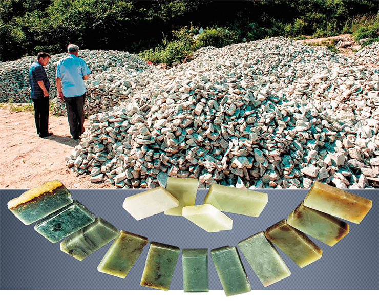 Quarry in Xiuyan (Liaoning Province) for the extraction of marble and “soft” nephrite. Bottom: jade samples of different shades from the Xiuyan deposit