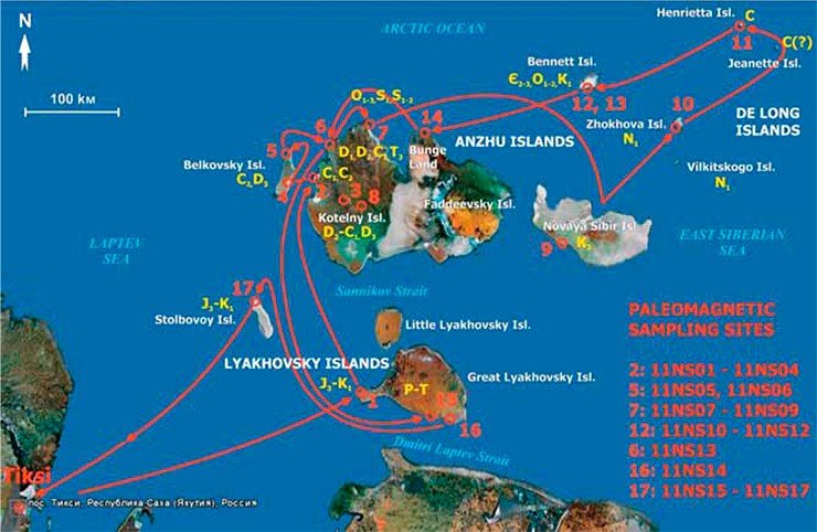 Схема маршрута дизель-электрохода «Михаил Сомов» (экспедиция 2011) с пунктами остановок для геологического исследования и отбора ориентированных образцов