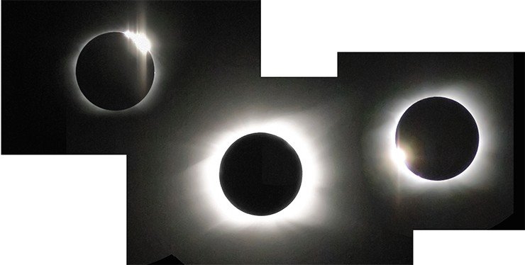 Затмение 11 июля 2010 г.: «бриллиантовое кольцо» начальной фазы – солнечная корона – конечная фаза. Фото М. Чекулаева