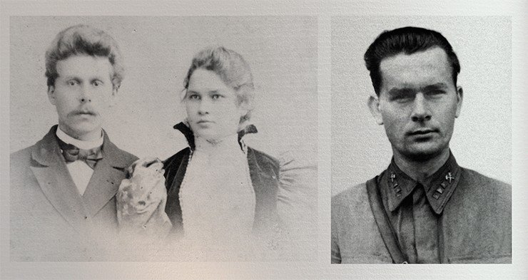 Родители Д. К.Беляева – Константин Павлович и Евстолия Александровна Беляевы (слева). Д. К. Беляев на фронте (справа)