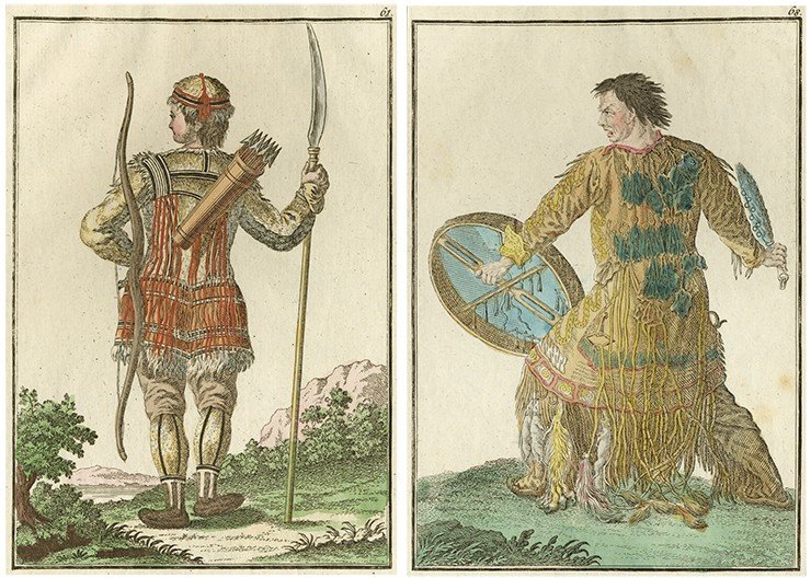 Слева: тунгус в охотничьем наряде. Справа: камчатский шаман. Конец XVIII в.