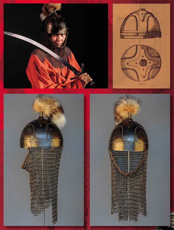 Scholarly historical reconstruction of the helmet of a 12th–13th century Central Asian (Khwarazmian) warrior, based on an accidental find of a helmet dome in southwestern Kazakhstan and on images of helmets in Persian miniatures of that time. Photo by S. Borisenko. Drawing of a medieval helmet found at the Merke Village (Dzhambul region, Kazakhstan). Adapted from: (Smagulov, 1989)