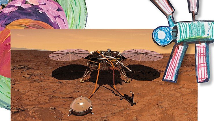 InSight – это уже не марсоход, а «марсостой», исследовательский посадочный аппарат с сейсмометром и шестиметровым буром. Задача станции – проводить буровые работы, собирать и исследовать образцы пород, а также регистрировать подземные толчки, возникающие от падения метеоритов. На фото – так будет выглядеть InSight на поверхности Марса. Credit: NASA/JPL-Caltech