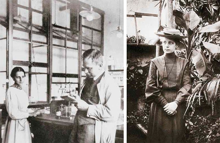 Отто Ган и Лиза Мейтнер в лаборатории (слева). 1913 г. Справа – Лиза Мейтнер. 1900 г. Public domain