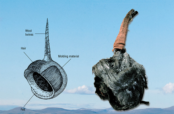 Pazyryk women’s wig-like headdress: general view and design diagram. Ak-Alakha 3 mound 1. Reconstruction by E. Shumakova; drawing by D. Pozdnyakov. Museum of the Institute of Archaeology and Ethnography SB RAS 