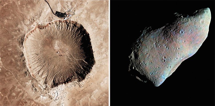 Метеориты (дословно «камни с неба») – это фрагменты небесных тел, астероидов и комет, упавших на Землю. При соударении внеземного тела размером 10—20 м с земной поверхностью образуется ударно-взрывной метеоритный кратер. Слева – кратер Бэрринджера (или Аризонский кратер) глубиной 180 м, образовавшийся при падении 50-метрового метеорита. Вид с МКС. Справа – астероид 951 Гаспра длиной 19 км. Фото КА «Галилео» (НАСА), 1991 г. Кредит: NASA/USGS