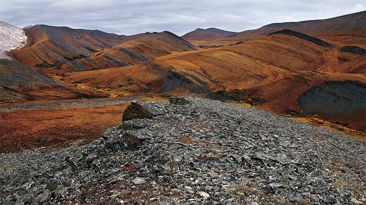 The Ulakhan-Aldyrkhai valley in its fall finery. This site is remarkable in that a sedimentary section covering 350,000,000 years goes within two kilometers: from Cambrian white limestones to a ridge of Lower Cretaceous sandstones and siltstones
