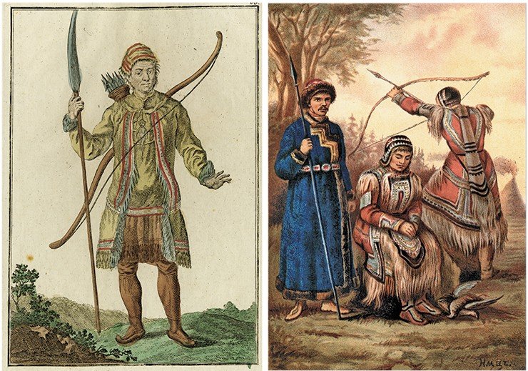 Слева: Тунгус на охоте. По: (Георги,1799). Справа: Тунгусы. Народы России: Живописный альбом. СПб. 1880