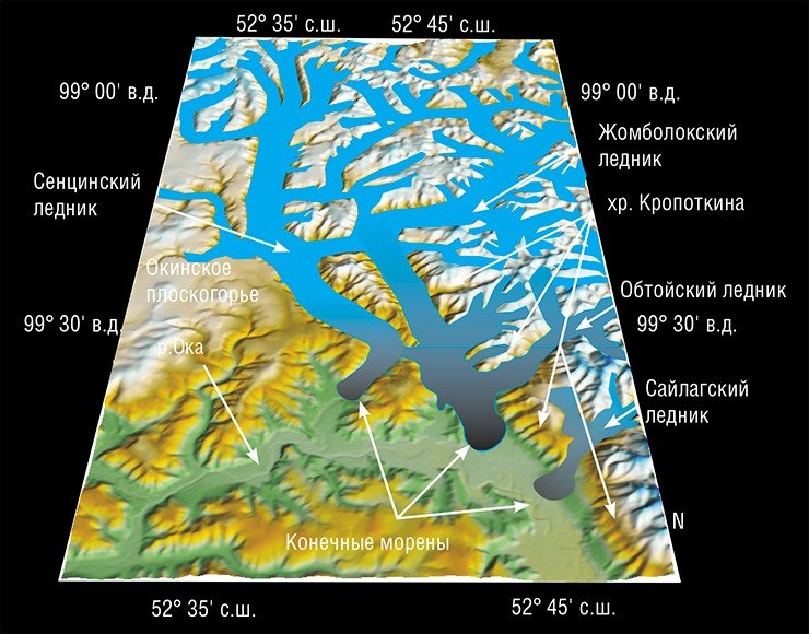 Долины рек Сенца, Жомболок, Сайлаг и др. в период последнего оледенения. «Shuttle Radar Topography Mission»