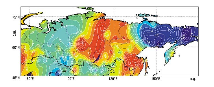 Распределение скоростей изменения температуры (трендов) (°C/10лет) на азиатской территории России  за январь в период 1975 —2005 гг.