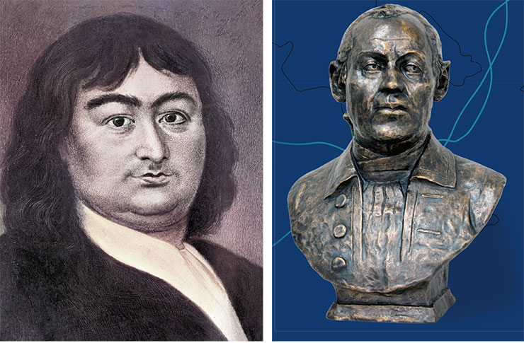 For a long time, a portrait thought to be a depiction of Vitus J. Bering was mistakenly identified as a painting of a nobleman from the Peter the Great era, discovered in the attic of a member of the Bering family in 1946 (left). Public Domain. After the exhumation of Bering’s remains in 1991 and the subsequent forensic examination, researchers suggested that the portrait depicts a Danish writer V.P. Bering, an uncle of the captain commander. Based on a plaster cast of Bering’s skull, Prof. V.N. Zvyagin reconstructed the actual appearance of the famed seafarer (right) For a long time, a portrait thought to be a depiction of Vitus J. Bering was mistakenly identified as a painting of a nobleman from the Peter the Great era, discovered in the attic of a member of the Bering family in 1946 (left). Public Domain. After the exhumation of Bering’s remains in 1991 and the subsequent forensic examination, researchers suggested that the portrait depicts a Danish writer V.P. Bering, an uncle of the captain commander. Based on a plaster cast of Bering’s skull, Prof. V.N. Zvyagin reconstructed the actual appearance of the famed seafarer (right)