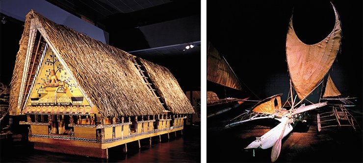 The Pacific collection of the Ethnological Museum (Berlin): sailboats from the Santa Cruz Islands (1960) and the meeting point Palau Islands clubhouse (1900). © Staatliche Museen zu Berlin, Ethnologisches Museum / Dietrich Graf