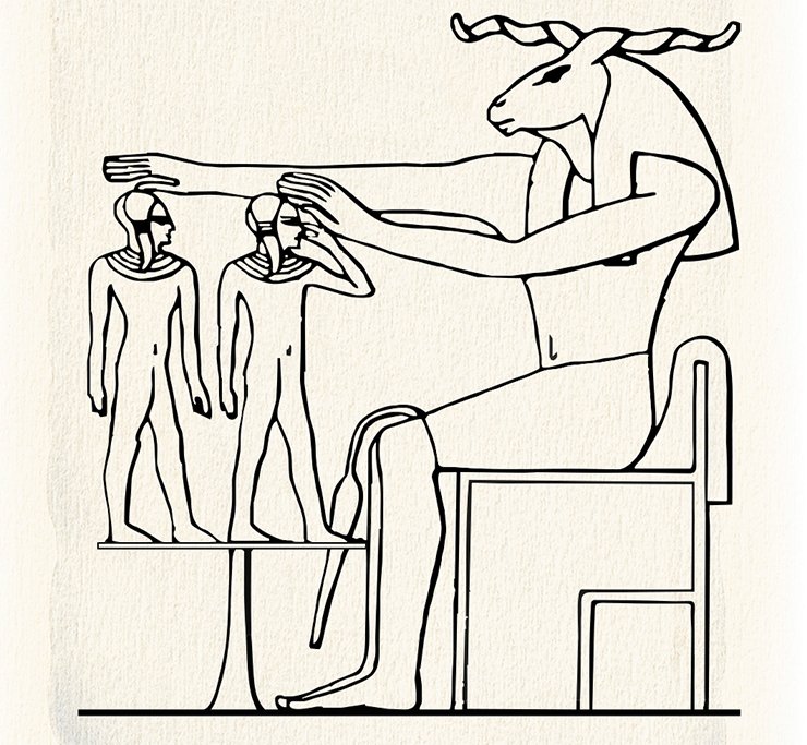 The ancient Egyptian god Khnum – the creator of gods, people and everything that exists – was depicted as a ram or a creature with a ram’s head and a man’s body. Drawing from: (Beliayev, 1998)