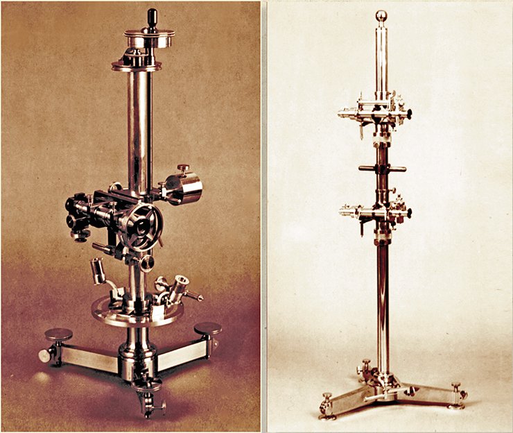 A cathetometer an instrument for measuring the vertical distance between two points (left), and a comparator (on the right), made for D. I. Mendeleev by a well-known French mechanic J. Salleron. At the bottom, a balance constructed by D. I. Mendeleev (in 1870s) to weigh solid and gaseous substances. D. I. Mendeleev Museum & Archives, St Petersburg State University