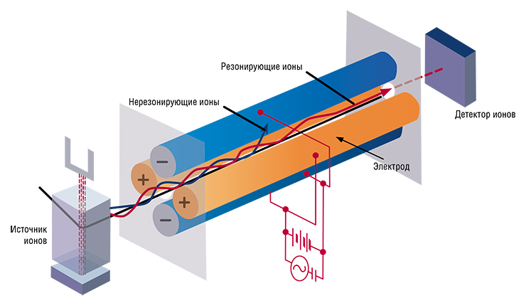 Квадрупольный масс-спектрометр с плазменным возбуждением используется для определения элементного состава вещества в очень низких концентрациях. Для этого пробу (аэрозоль, пар, газ) вводят в источник ионов, состоящий из плазменной горелки и индуктора, создающих с помощью высокочастотного генератора разряд индуктивно связанной плазмы. Анализируемое вещество переходит в состояние плазмы, образующиеся положительные ионы ускоряются электрическим полем и фокусируются в пучок. Далее ускоренные ионы разделяются по массе с помощью квадрупольного масс-анализатора путем изменения потенциала на электродах. Резонирующие ионы попадают в детектор, где генерируют ионный ток, который можно измерить