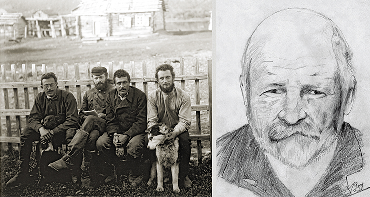 Sergei A. Konradi, Nikolai G. Kell, and other expedition members. Petropavlovsk-Kamchatsky, 1908. Dobretsov’s grandfather, Nikolai G. Kell (right), Corresponding Member of the USSR Academy of Sciences, played a major role in his grandson’s scientific career and initiated his move to Siberia. Drawing by N. L. Dobretsov, 1951