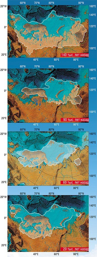 Колебания объема льда за последние 140 тыс. лет видны на примере хорошо изученного Карско-Скандинавского (Евроазиатского) ледника, который периодически таял и разрастался очень неравномерно (справа). По: (Svendsen et al., 2004)