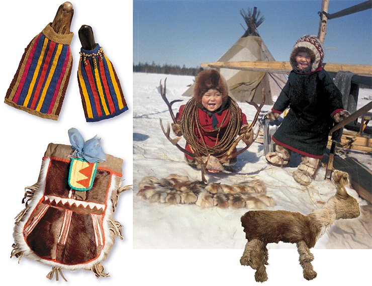Традиционные куклы (левый верх). Игра в оленя (справа). Стойбище Нибы-яха. Детская сумка для рукоделия (левый низ). Меховая игрушка (олененок)